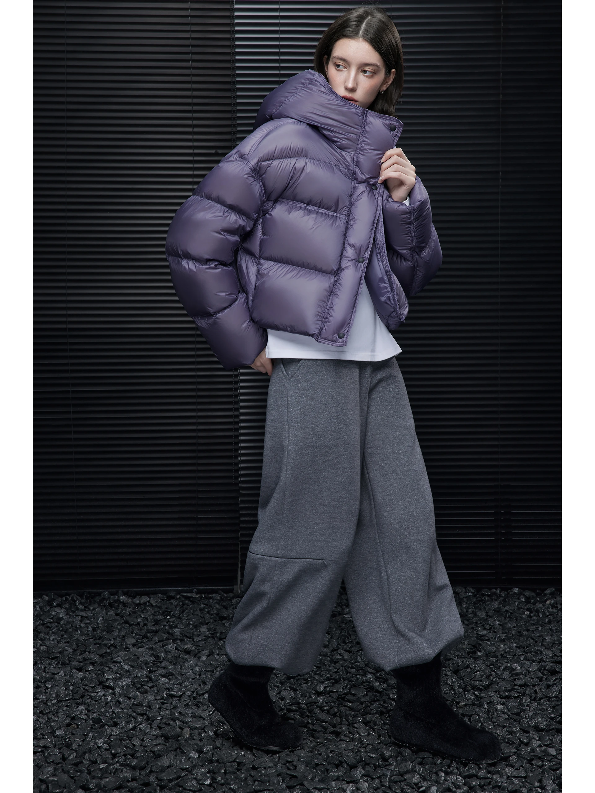 

Moment Purple ey ort Thiened Hooded down Jaet Women's Winter New Lazy Sle Beautiful Warm Long Sve Zipper Pure Color