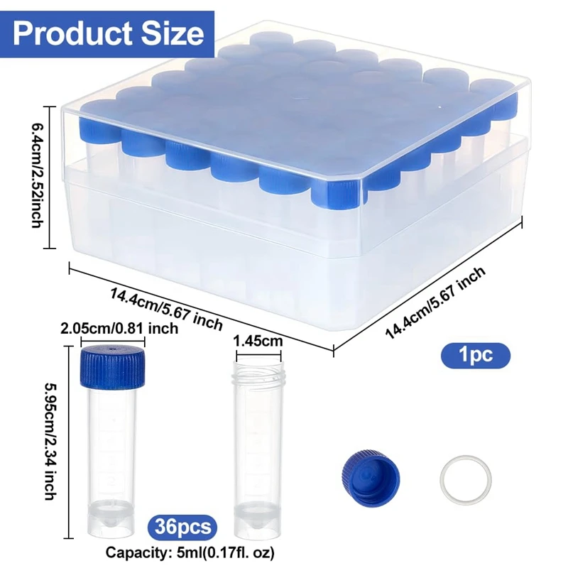 36Pcs 5Ml Cryo Tubes Plastic Vials With Screw Caps Small Sample Tubes Test Tubes With Storage Box For Lab Supplies Easy Install