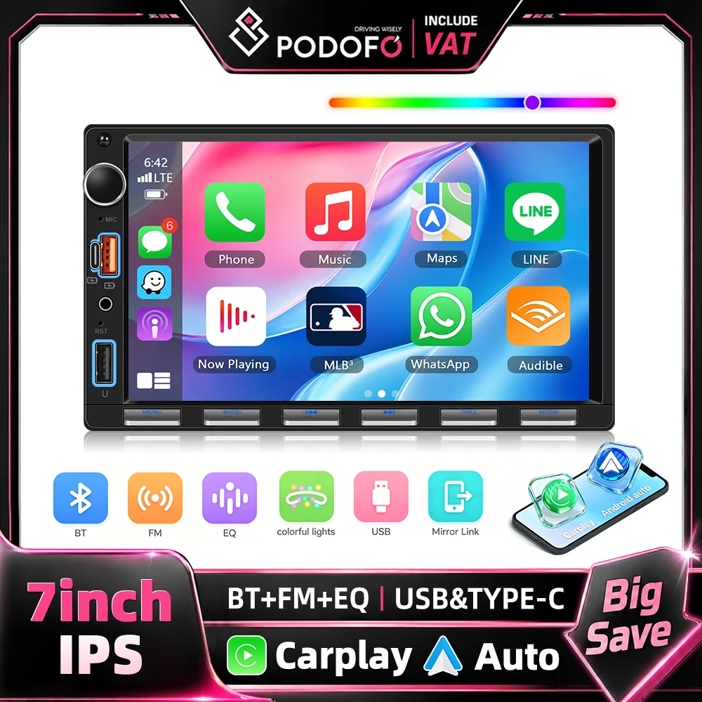 Podofo 7 Zoll 2-Din-Autoradio MP5-Multimedia-Player, kabelloses Carplay, Android Auto, Mirror Link, Pianotasten, Lenkradsteuerung, Autoradio, Stereo, USB, AUX, EQ, BT, FM-Radio, Videoausgang,