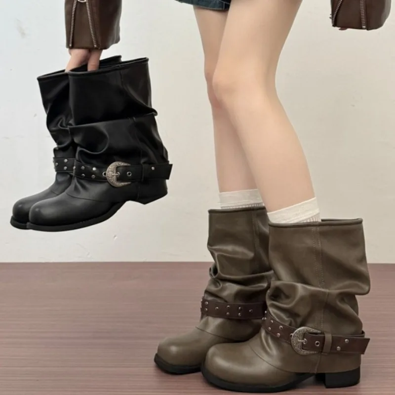 Fashion Metal Buckle Strap Shoes Ladies Concise Block Heel Biker Ankle Booties Winter Slip on Women Pants Tube Ankle Boots 230