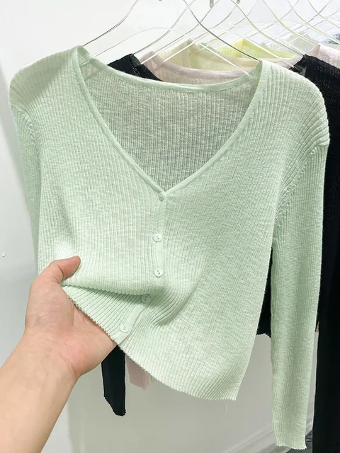 Koreański kardigan damski cienki letni Casual solidny Feminino odporny na słońce na wszystkie mecze dzianinowy dekolt w serek słodki styl cukierkowy kolor podstawowy codzienny