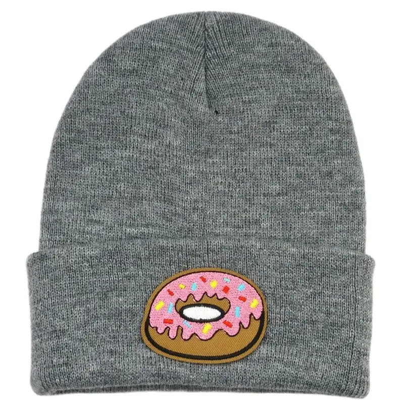 

Doughnut Embroidery Cotton Thicken Knitted Hat Winter Warm Hat Skullies Cap Beanie Hat for Men and Women 146