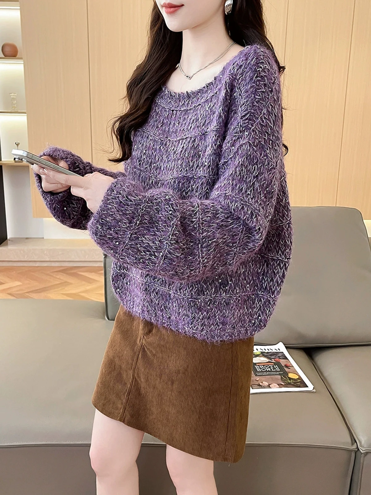 

Loose ort round Ne Knitted Sweater Women's Sle New Arrival Comfortable Casual Base Layer Top Korean Bright Sequin Design