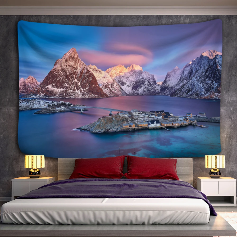 Aurora Snow Mountain Landscape Tapestry Wall Hanging Bohemian Style Mystery Home Wall Decor Background Cloth