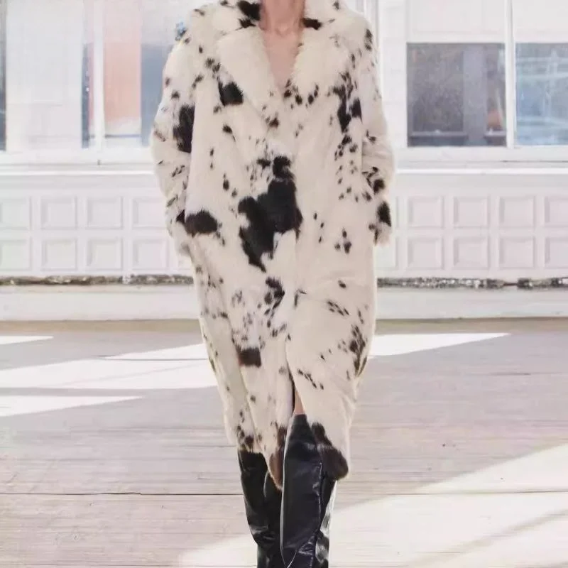 معطف نسائي جديد لموسم الخريف والشتاء بتأثير الفرو الصناعي، نمط حيواني، سلسلة ZW، أسلوب الشارع، طويل بياقة على شكل V وصف أزرار...