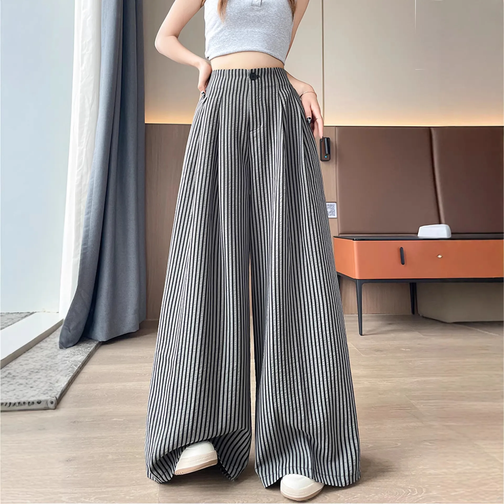 Women's Summer Lightweight High-Waist Slimming Loose Casual Straight Tapered Floor-Length Suit Pants with Ice Silk Stripes