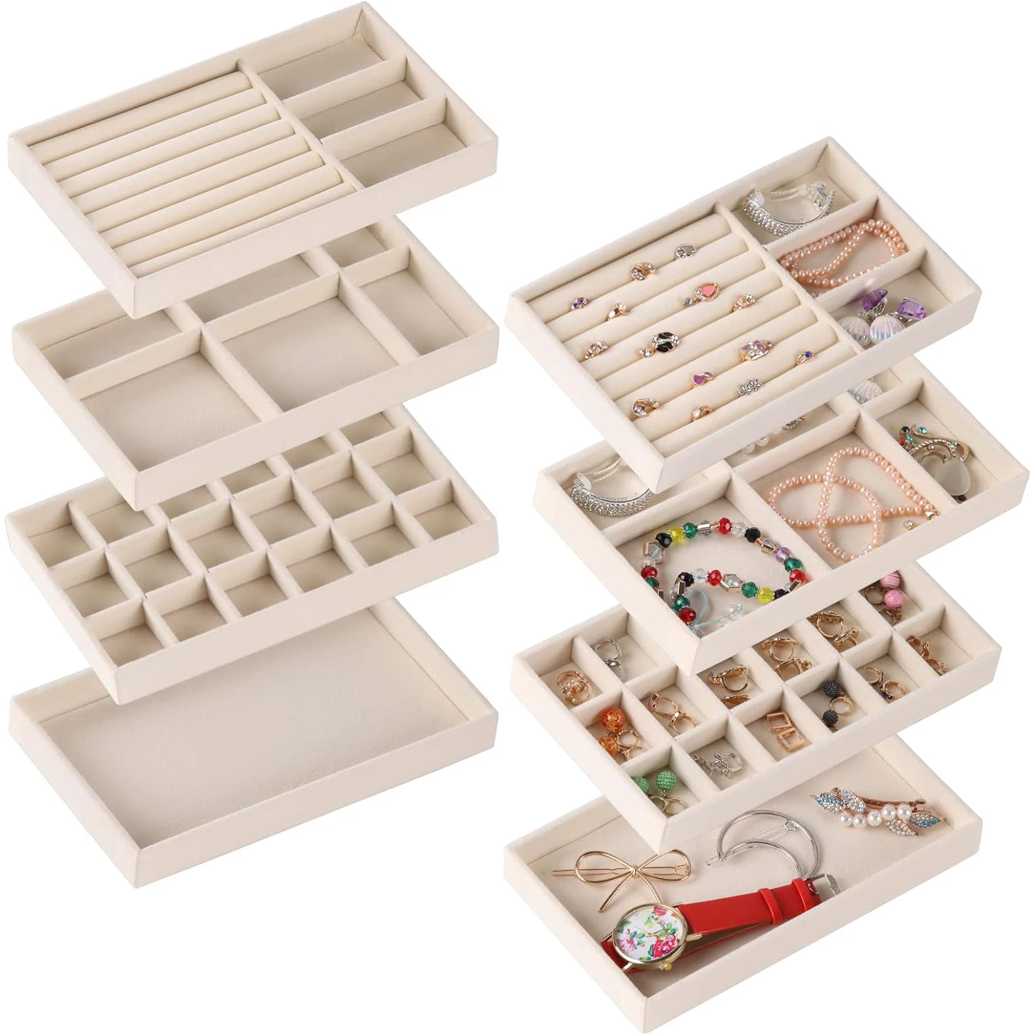 

Beige Jewelry Organizer Velvet Jewelry Storage Tray Display Ring Bracelet Necklace Storage Box Showcase Drawer