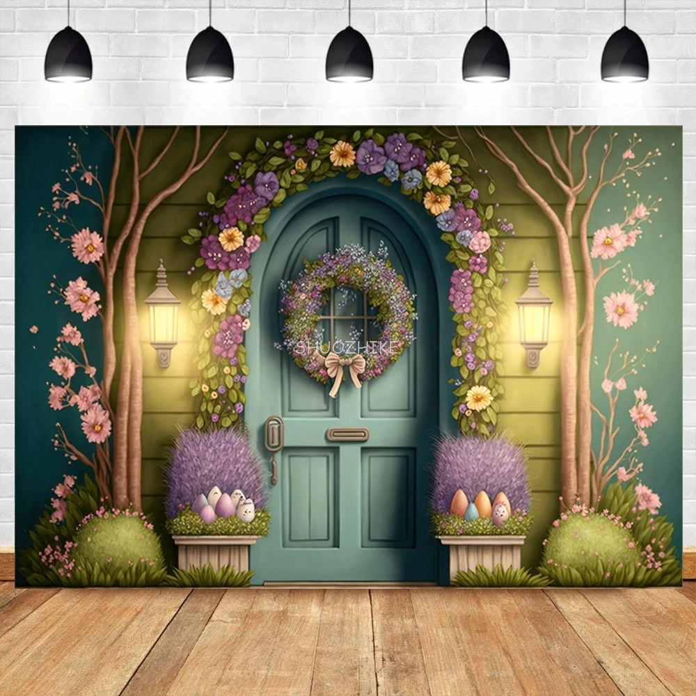 Spring Floral Shop Backdrop Photography Children Portraits Colorful Eggs Bunny Tulip Easter Party Decor Photo Background Studio