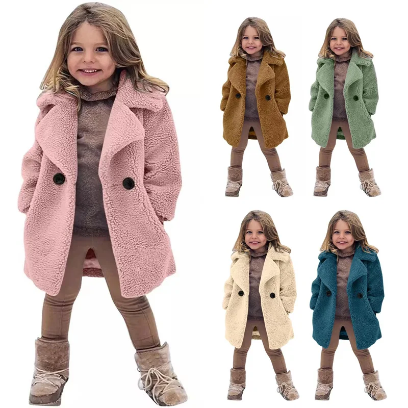 Girls Faux Fur Jackets Kids Winter Warm Coats Children Turn-down Collar Outerwear Princess Solid Colour Overcoat Casual Clothing