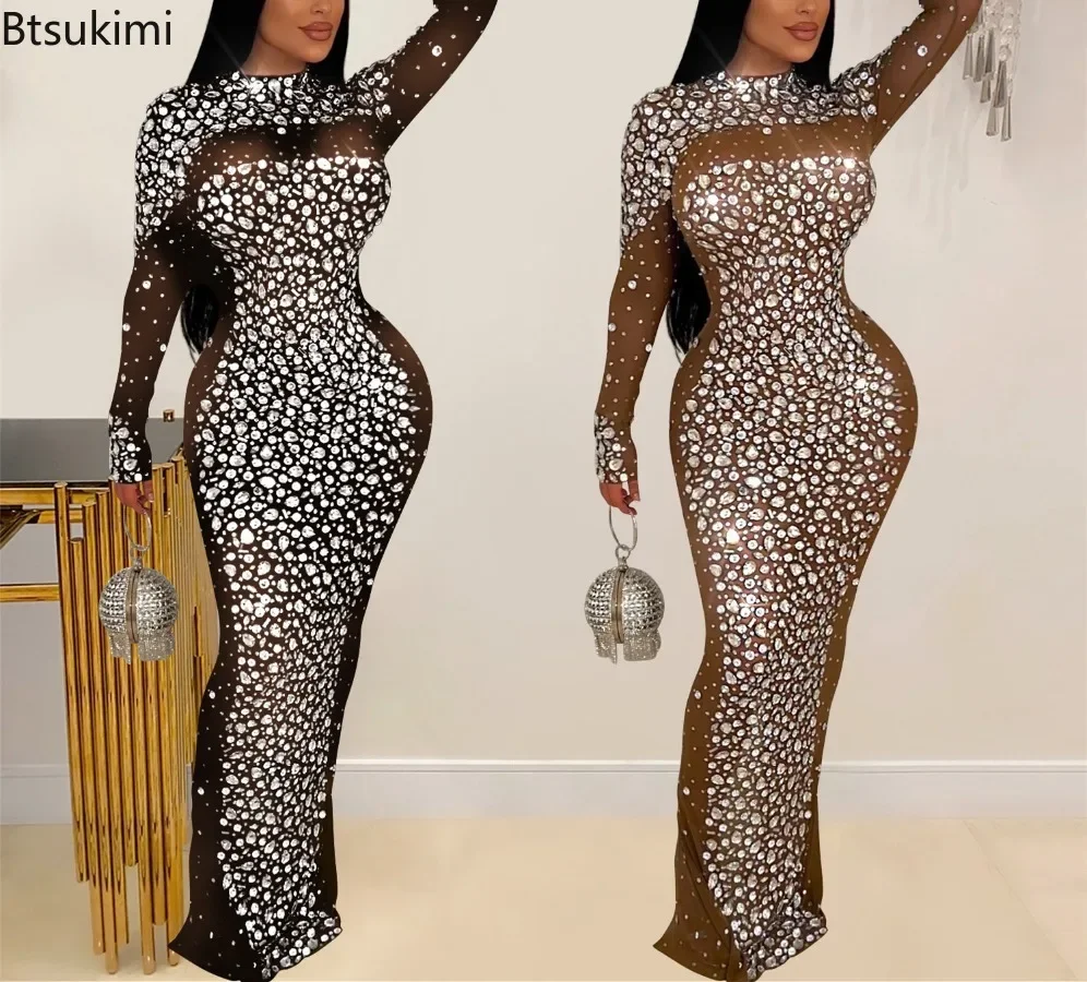 

New 2025 Women's Silver Rhinestones Maxi Dresses Sexy Mesh Splice See-Through Bodycon Dress Women Birthday Gowns Evening Dresses