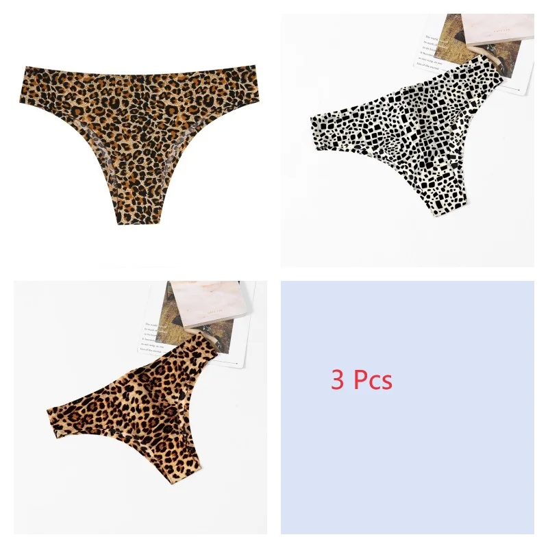 3PCS/Set Women\'s Panties Fashion Low Rise Leopard Bikini Sexy Seamless Underwear Silk Satin Lingerie Sports Fitness G-Strings