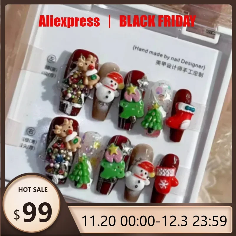 

Festive False Nails - 10Pcs Red&Green Handmade Press-On Nails with Snowman&Christmas Tree Decor for Women&Girls Party Wearing