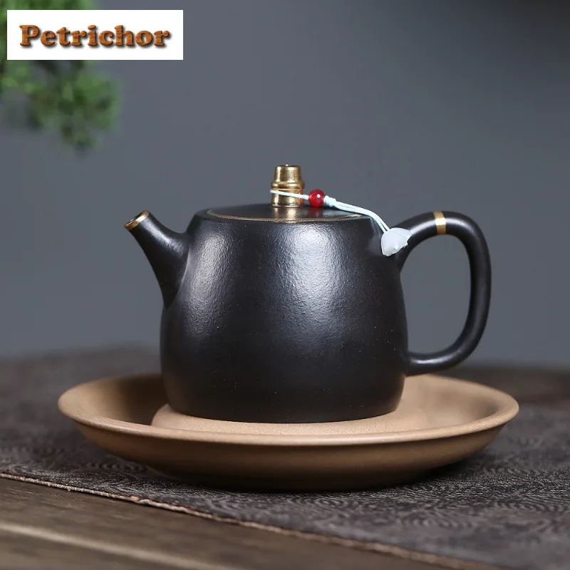 

300 мл элегантные фиолетовые глиняные чайники Исин ручной работы с золотым рисунком Han Duo горшок с необработанной рудой черный Чжу грязевой чайник китайский чайный сервиз Zisha
