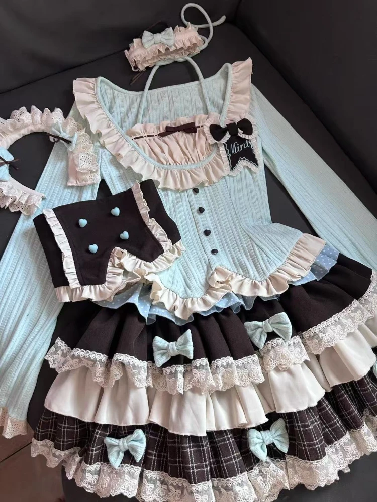 Dulce japonés encantador JK conjunto de 2 piezas mujeres lindo arco Tops + falda esponjosa costura Harajuku Hada Lolita trajes 2025 otoño 2025