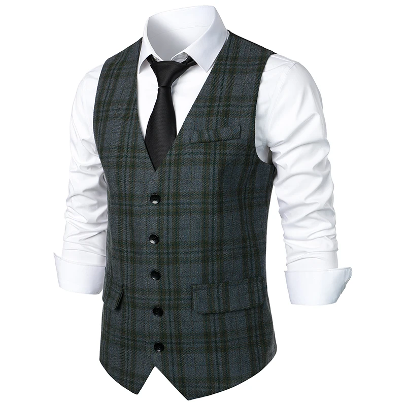 Men's Formal Suit Vest V-Neck Tweed Herringbone Waistcoat Business Dress Suit Vests for Wedding