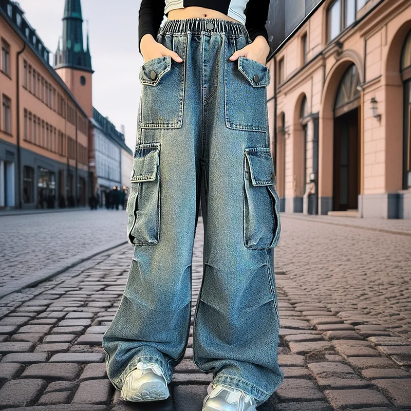

Teens Girls Cargo Pants Autumn Loose Casual Versatile Trendy Straight Wide Leg Jeans for Kids 10 12 13 Years Children Trousers