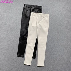 Black/White Genuine Leather Pencile Pants Sheepskin Classic High Waist Skinny Trousers Stretch Leggings for Women Pantalon Mujer