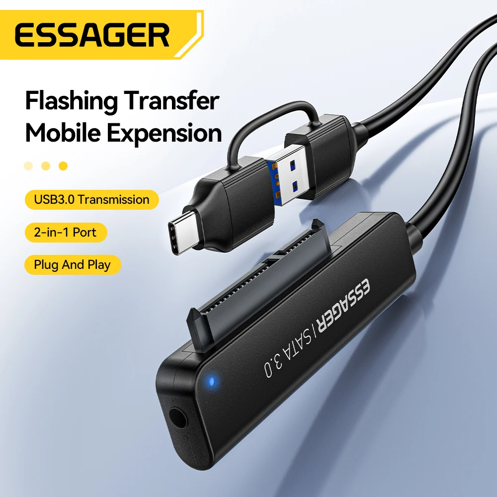 Essager 2 في 1 SATA إلى USB 3.0/Type-C محول USB-C USB3.0 محول القرص الصلب لمحرك الأقراص الصلبة SSD الخارجي 2.5 بوصة للكمبيوتر الشخصي