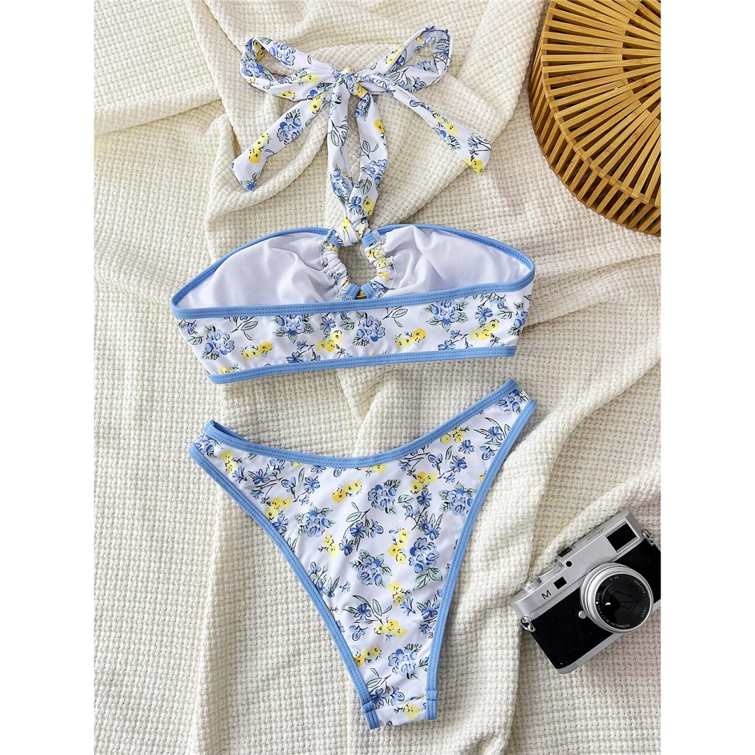 Sexy, mit Blumenmuster bedruckter, brasilianischer Bikini, Damen-Badeanzug, zweiteiliges Bikini-Set, Badebekleidung, Badeanzug, Modell V6371. – Detail 6