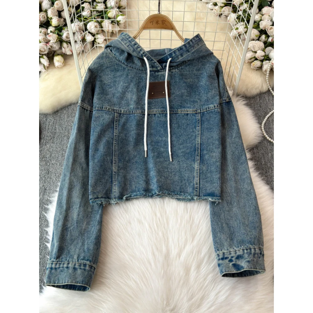 

Denim Hoodies for Women's Spring Autumn Korean Style Short Frayed Solid Color Hooded Sweatshirts Chic High Street Pullovers