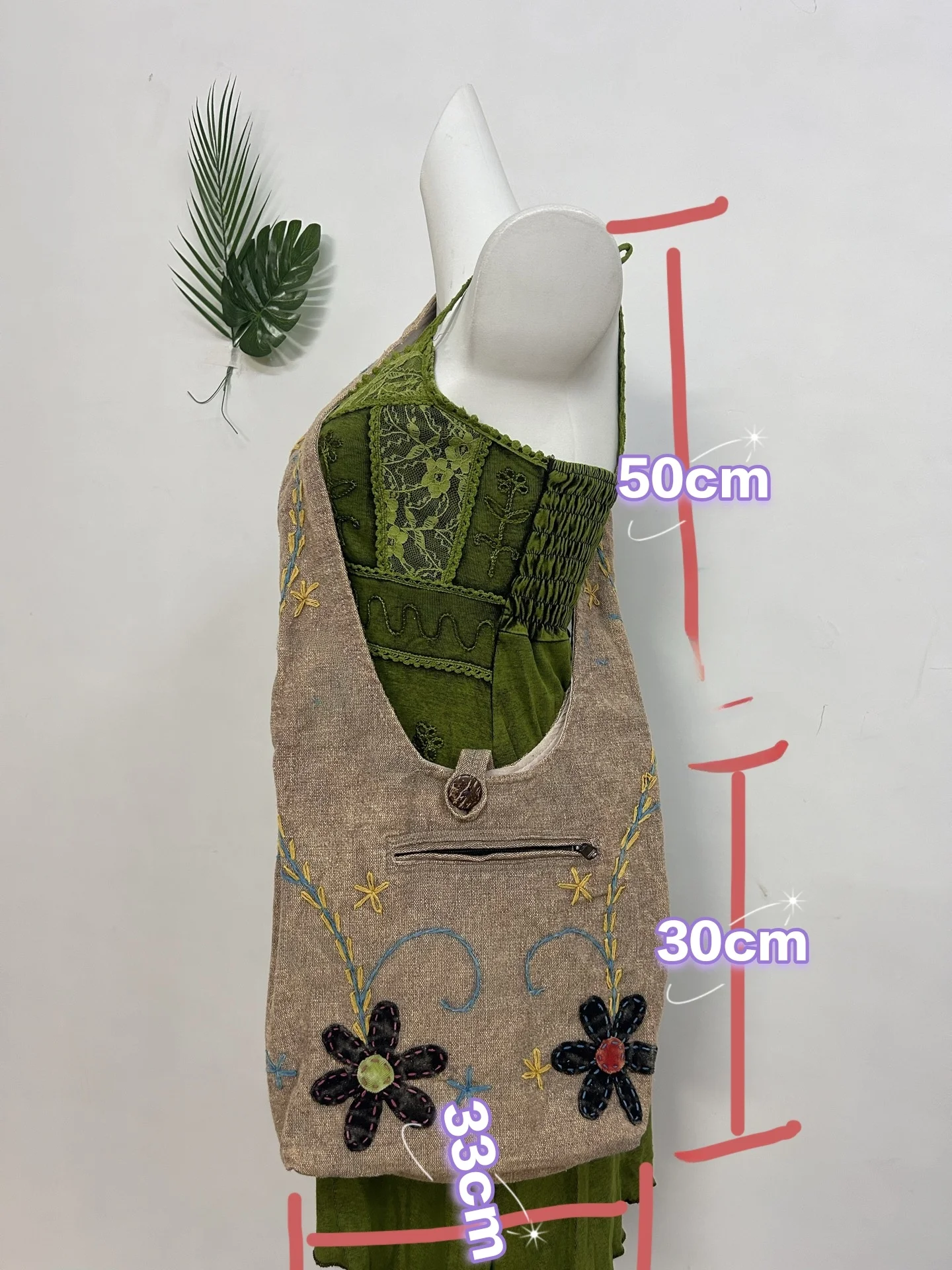 Hand Embroidered Plant Floral Green Tote Bag Slouchy Crossbody Shoulder Bag Lazy Style Fashion Canvas Bag for Youth