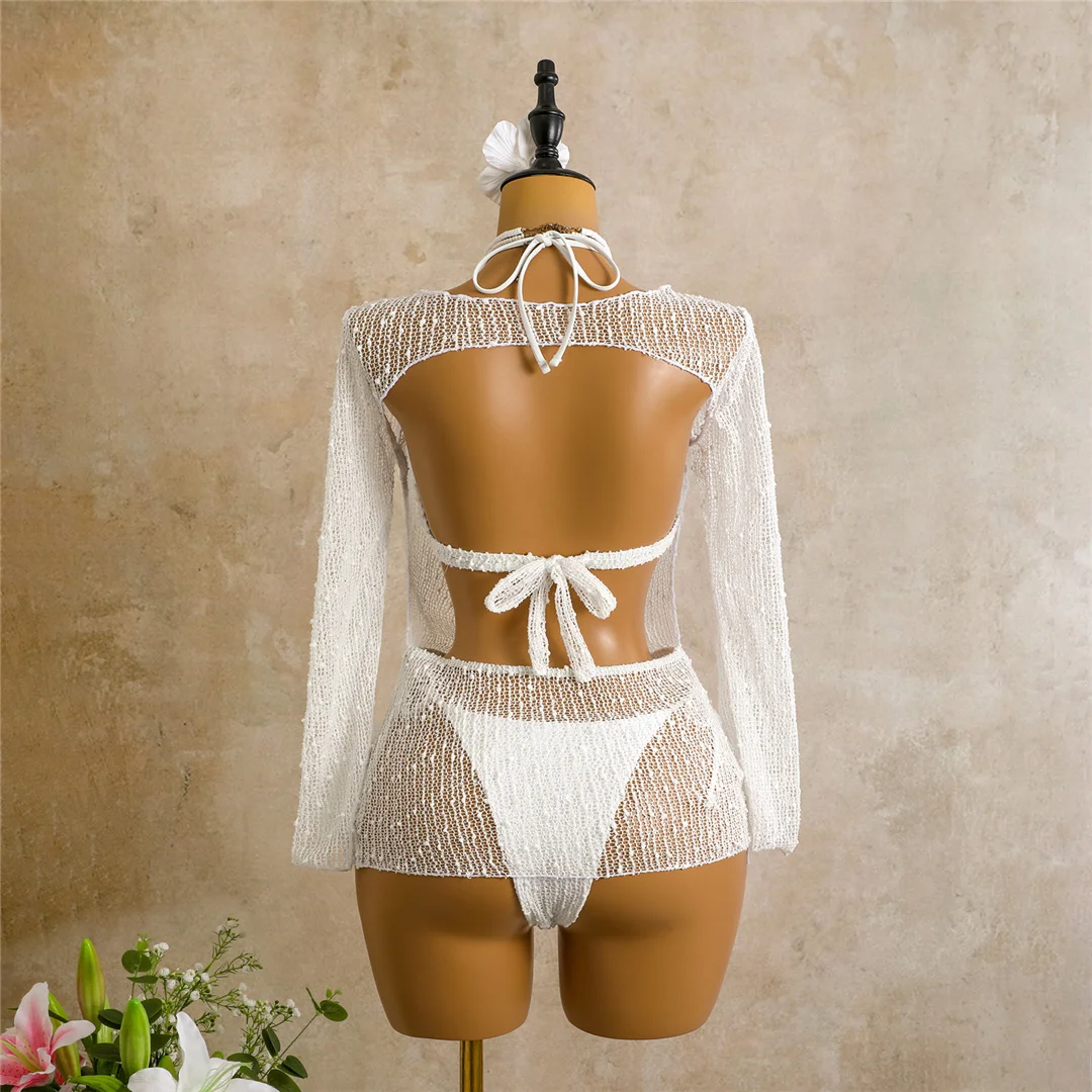 Sexy Neckholder-Bikini, Damen-Badeanzug, dreiteiliges Bikini-Set mit langärmeligem Kleid, Badeanzug, Badebekleidung, Schwimmanzug V7925C – Detail 21