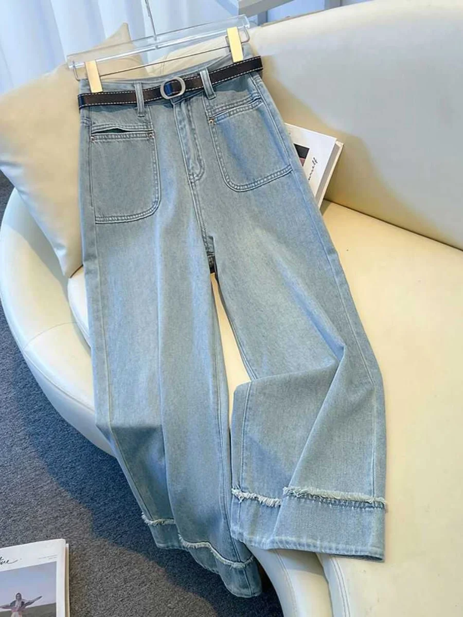 

Baggy Jeans for Women New High Waist Raw Edge Big Pockets Women's Denim Trousers Summer Female Thin Wide Leg Pants Cropped Pants