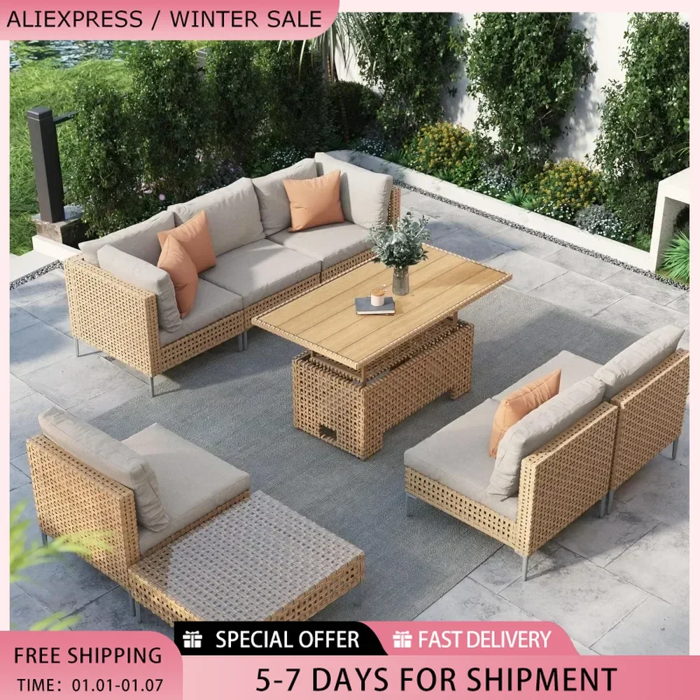 8 Piece Wicker Patio Furniture Set with Lift Top Coffee Storage Table with Water Resistant Cushions, Outdoor Conversation Set