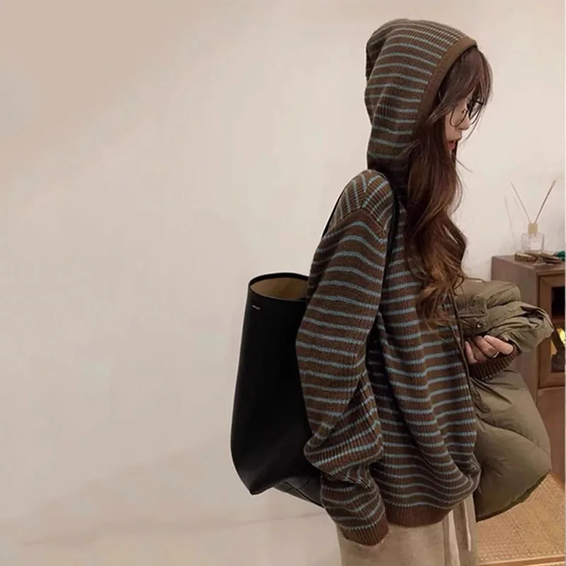 Stripe Hood Sweater Outerwear Women Autumn and Winter Loose Lazy Knitted Hoodie Design Sense Korean Series Niche Short Top