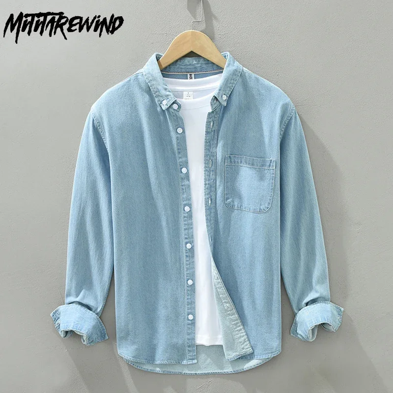 Simple Denim Shirt Men Spring Fall Daily Causal Long Sleeve Light Blue Jean Shirt 100% Cotton Shirt with Pocket Slim Fit Shirts