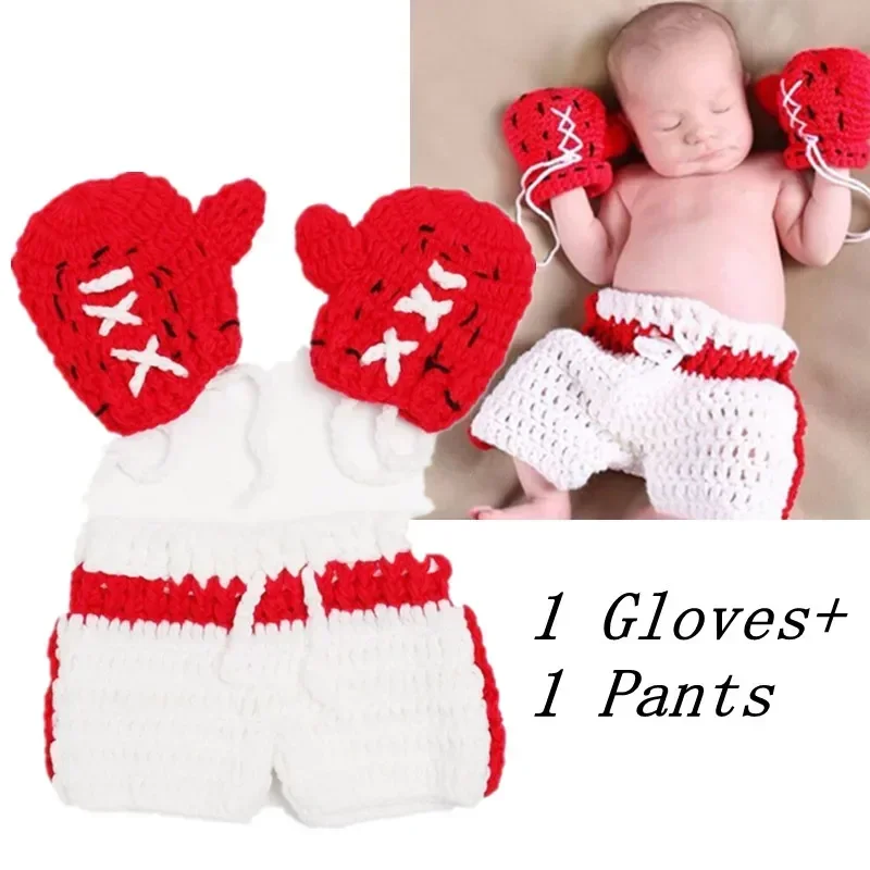 

2Pcs/Set Newborn Photography Props Infant Crochet Knit Cute Boxing Clothes Gloves And Pants Suit Baby Photo Costume