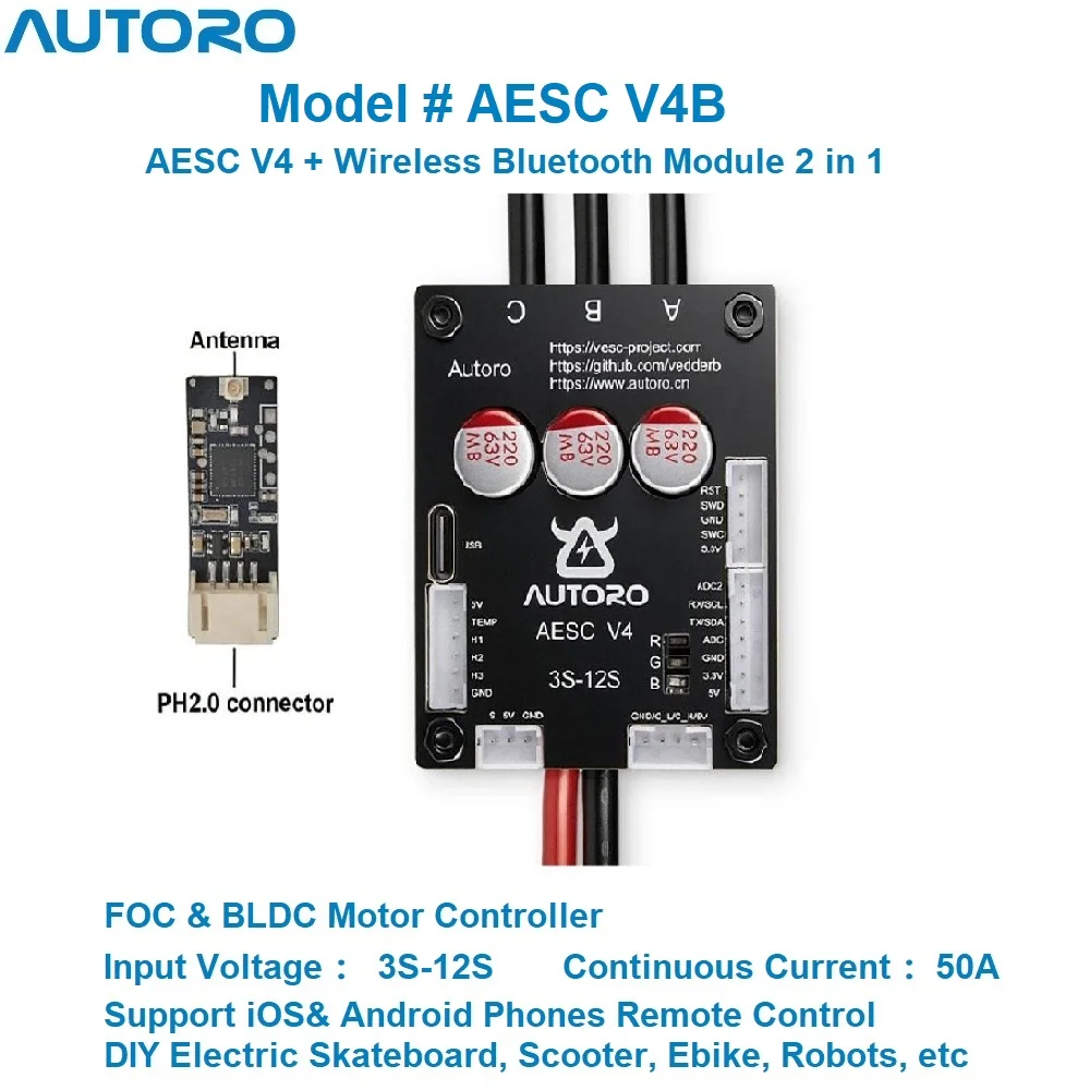 

Autoro AESC V4B w/ Bluetooth Module BLDC FOC Motor Controller 12S 50A Sparkless VESC for DIY Electric Skateboard Scooter Robots
