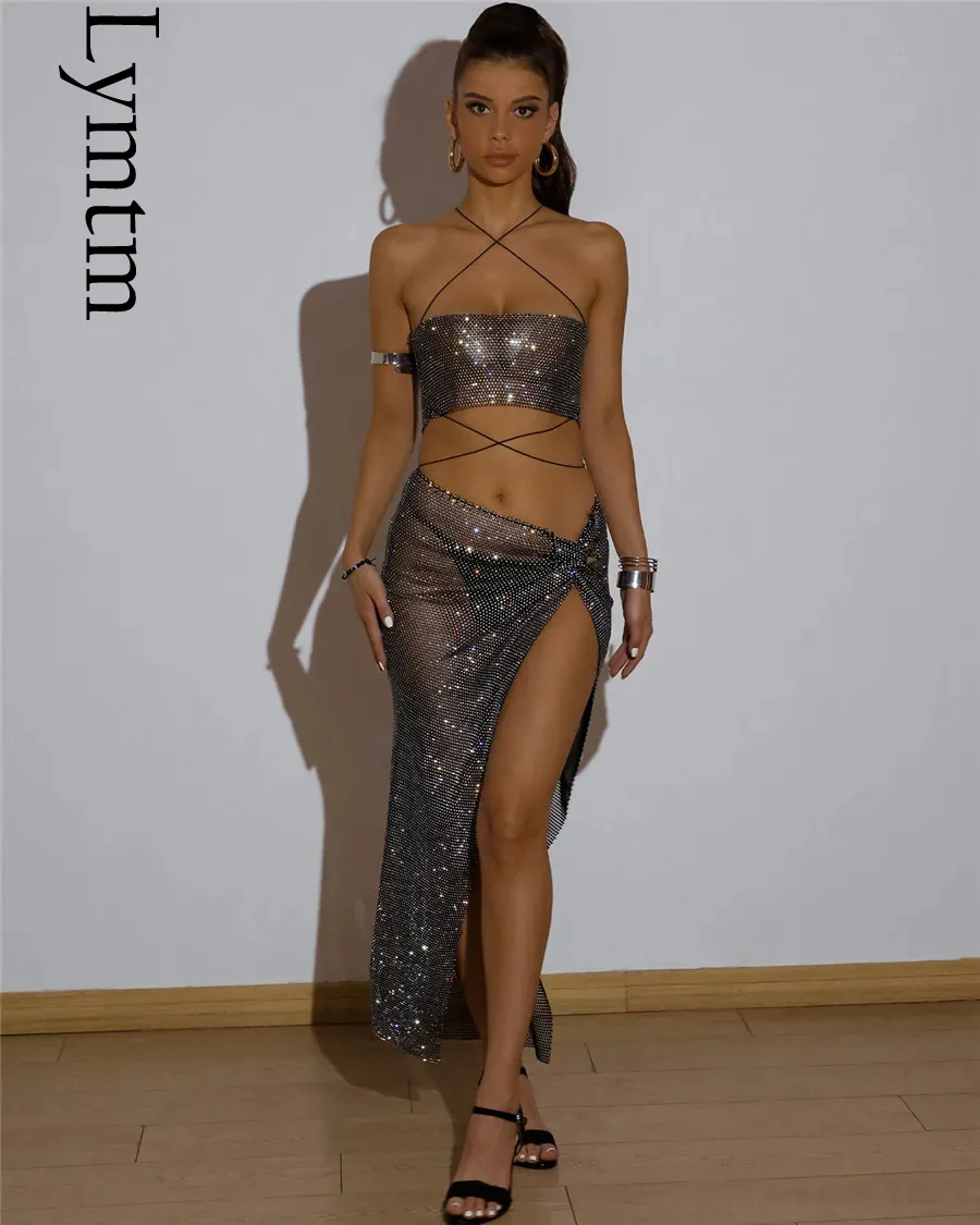 Shiny Diamonds Festival Outfits Sexy Backless See Through Fishnet Camisole With Hollow Side Split Long Skirt Wome 2 Piece Set