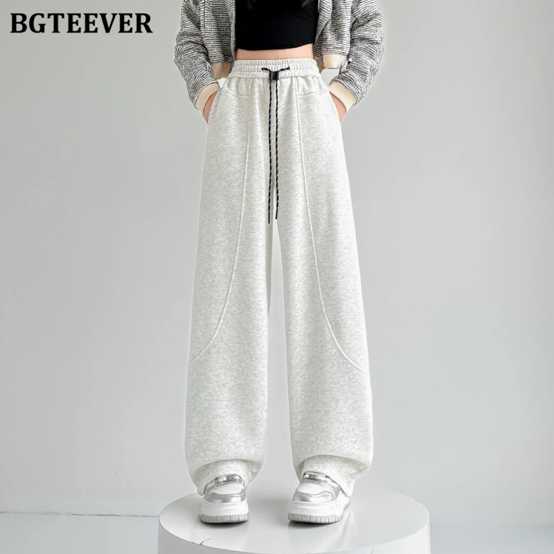 BGTEEVER Stylish Loose Pockets Women Lace-up Wide Leg Pants High Waist Winter Thicken Velvet Ladies Floor-Length Trousers