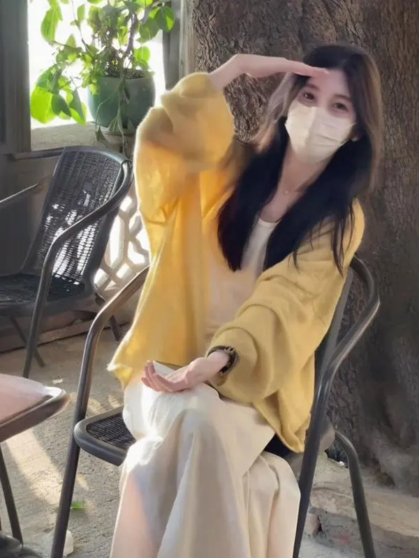 

Dopamine Yellow Thin Knitted Cardigan Women's Loose Lazy Style Summer Sunscreen Wrap Top Casual V-neck Short Sleeve Pure Color