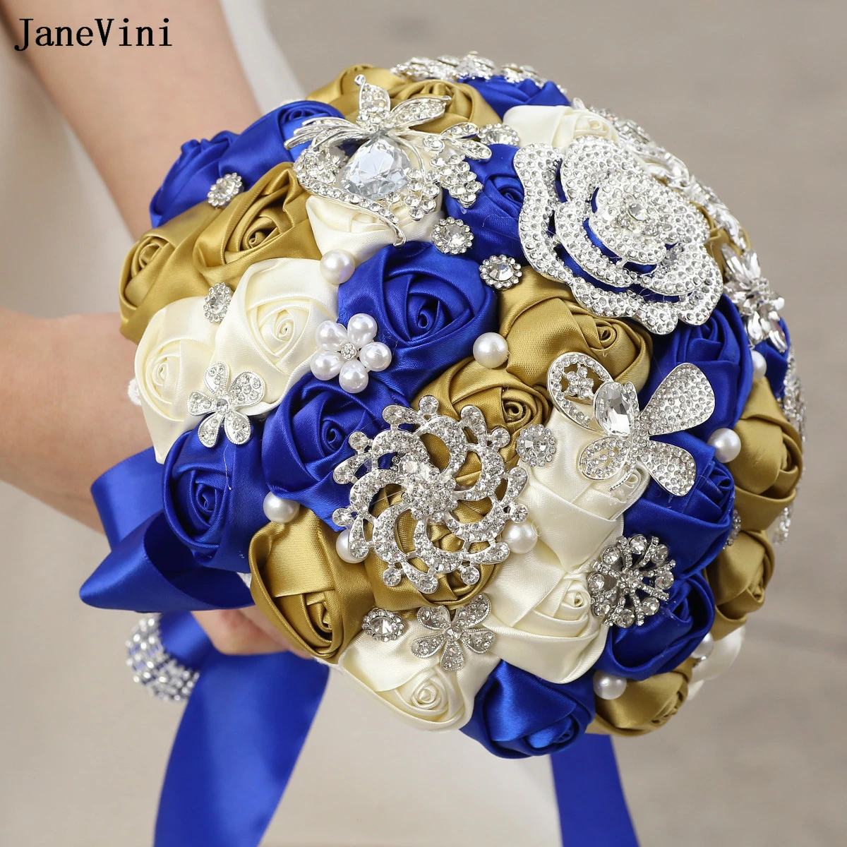 JaneVini Bling Bling Silver Diamond Royal Blue Bridal Bouquets ประดิษฐ์ซาตินกุหลาบดอกไม้งานแต่งงานเข็มกลัดช่อดอกไม้สําหรับเจ้าสาว