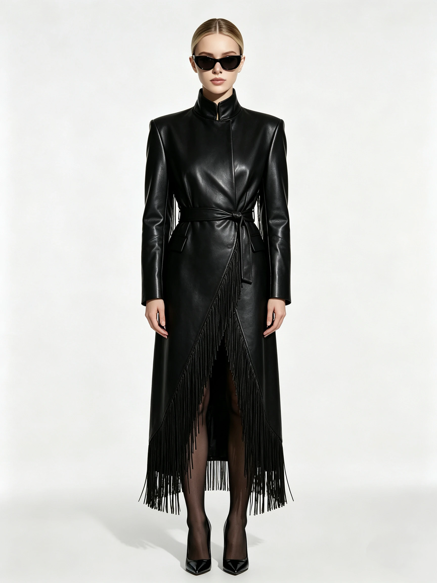 Women's Faux Leather Trench Coat with Asymmetrical Fringe and Belted Waist
