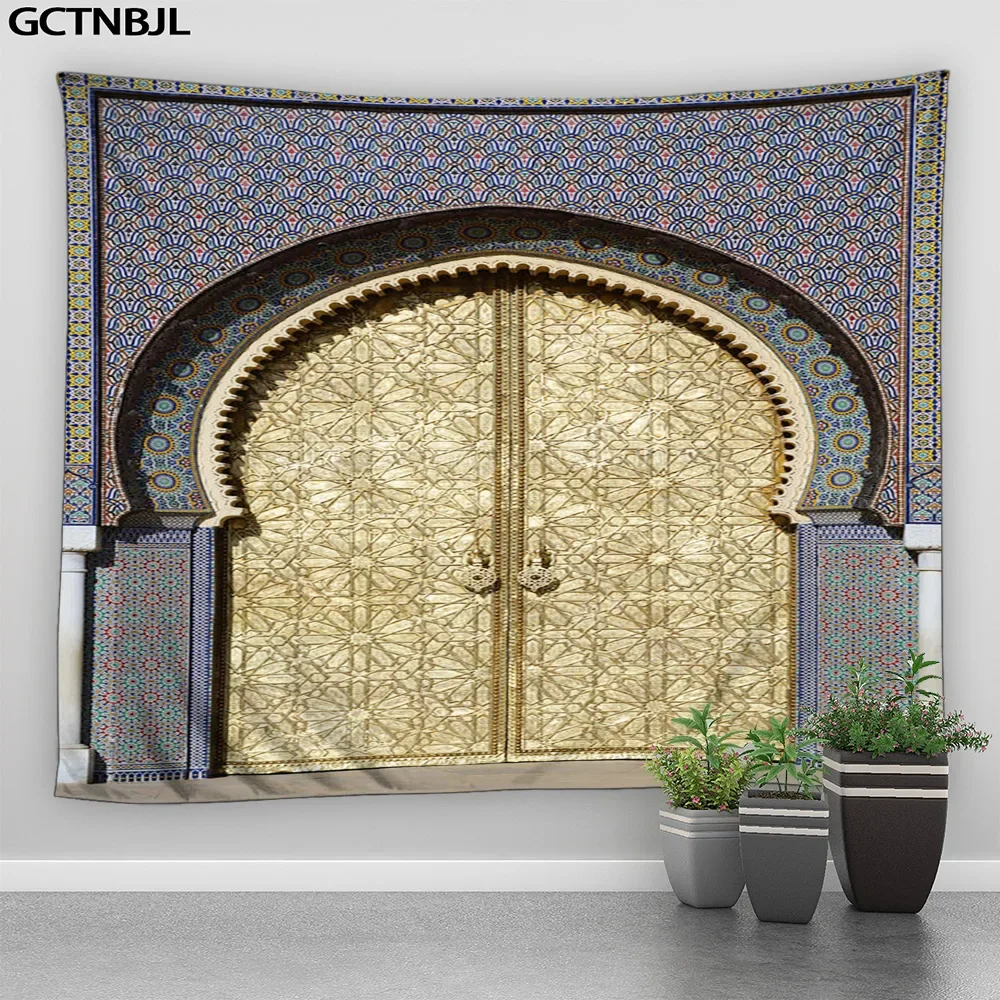 Moroccan Architecture Tapestry Wall Hanging Islamic Vintage Luxury Geometric Pattern Door Boho Home Decor Wall Tapestry