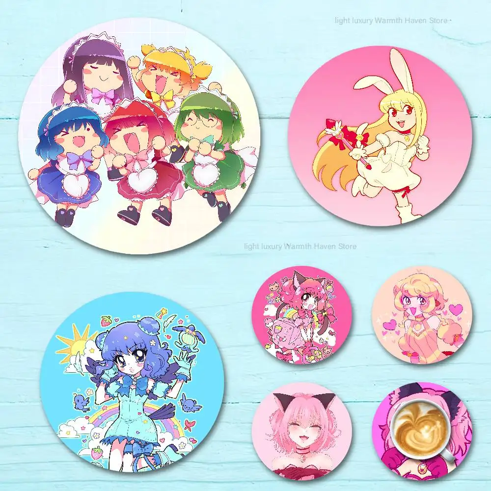 

Cute T-Tokyo M-Mew Mew Heat Resistant Round Wooden Coasters Non-slip Drink Cafe Decoration 2D Flat Color Print Coasters