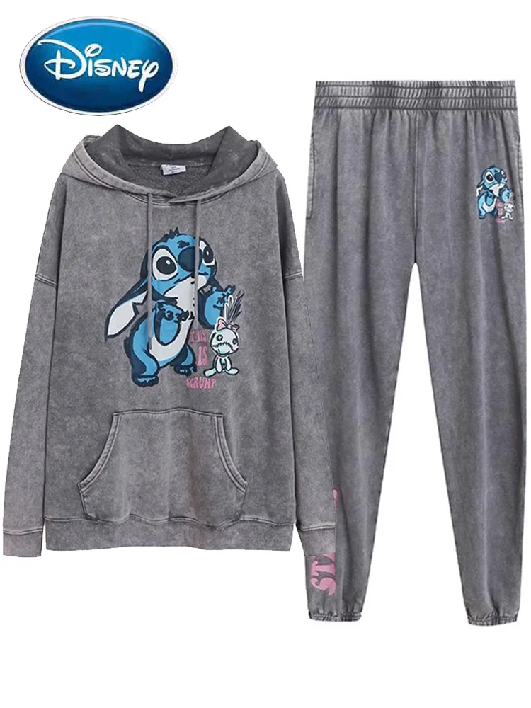 Disney Stitch Little Monster Cartoon Print Distress Washing Jacket Sweatshirt Women Casual Hooded Jumper Tops + Trousers Pants