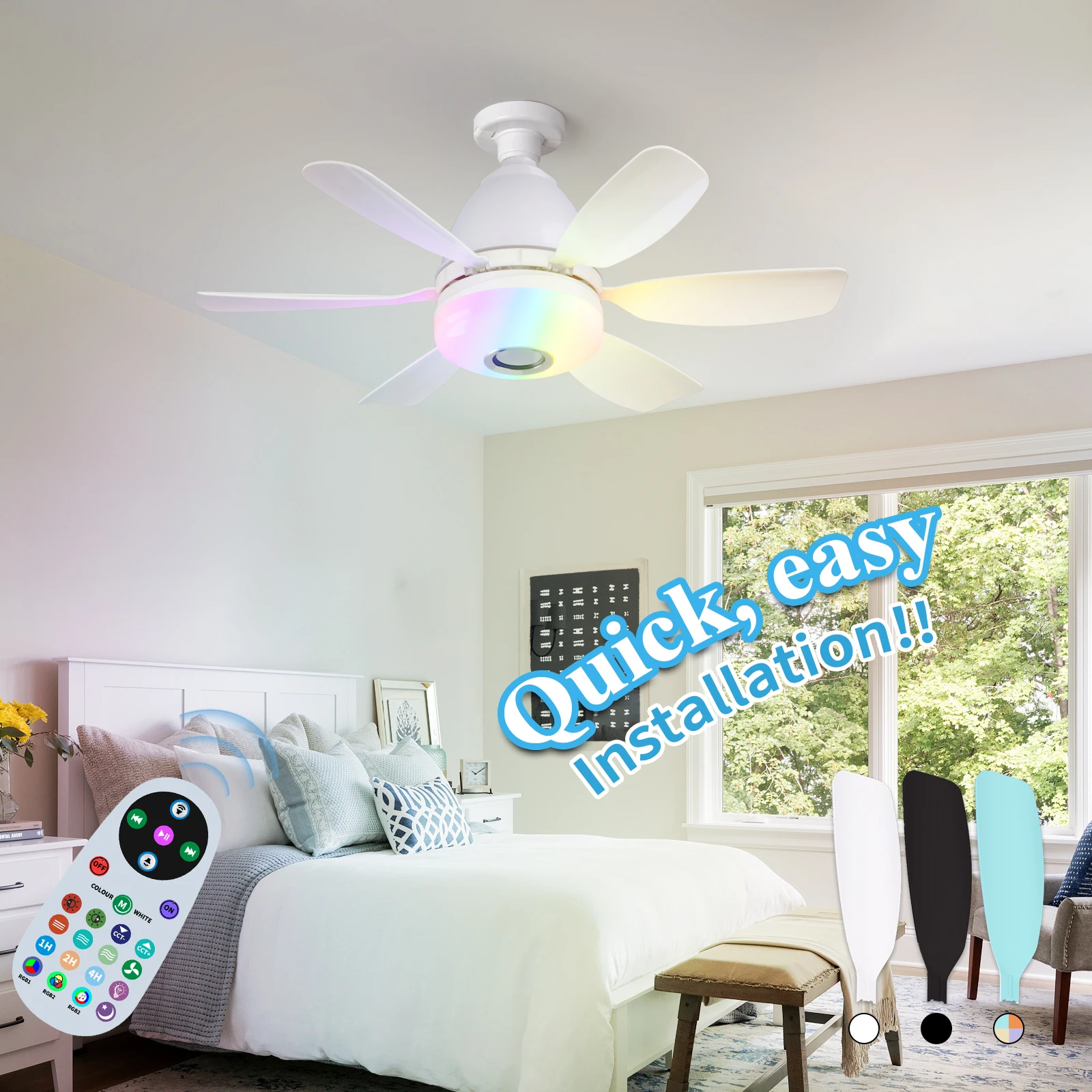 19.6inch Smart RGB Rainbow Music Rhythm Speaker LED Ceiling Fan with Light- Remote Control Socket Fan Light