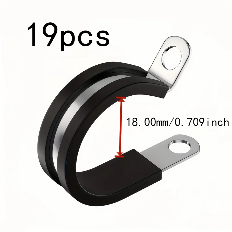 Stainless Steel Body R-Type Pipe Clamps, 19 pcs M18, Hydraulic Hose Fixing, Rubber Cushion Liner for Cable Wire Management
