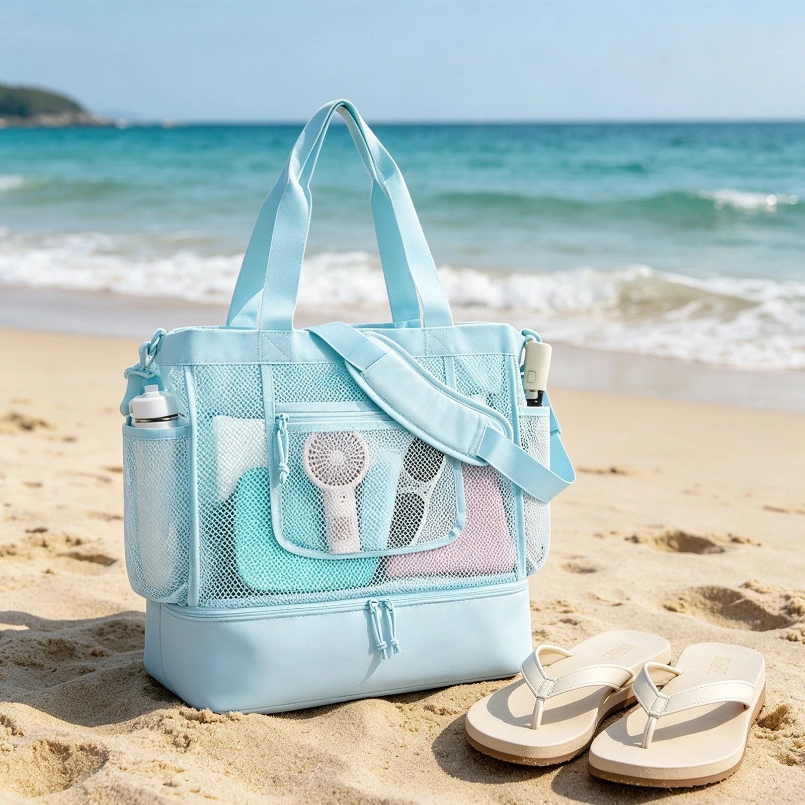 Women Sandproof Mesh Tote Bags Foldable Summer Beach Shoulder Bag Multi-Pocket Mesh Swim Pool Bags Outdoor Travel Handbags