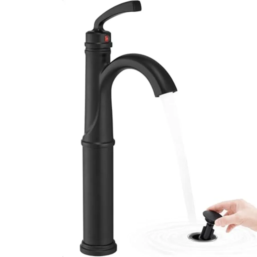 

Tall Bathroom Faucet Single Hole, Brass Vessel Sink Faucet Black with 1 Handle, Arched Aerator Spout, Pop Up Drain and Pre-Inst