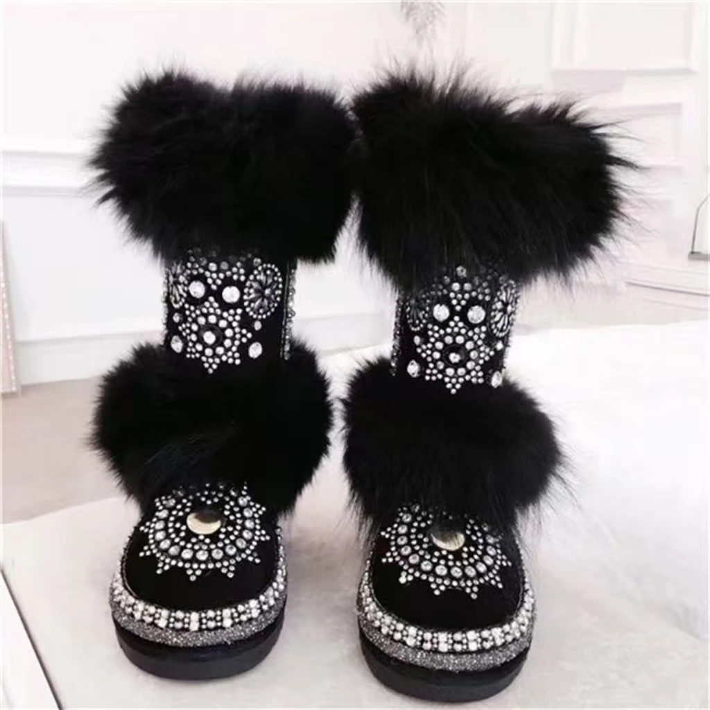 Creative sanded leather super large fox fur fur one snow boots Heavy custom diamond thickened women's cotton boots 35-40