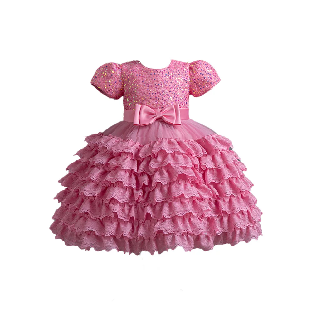 2024 Children Clothing Baby Girl Puffy Big bow Dresses Birthday Elegant Princess Prom Dress for Kids Lace Short sleeve Ball Gown