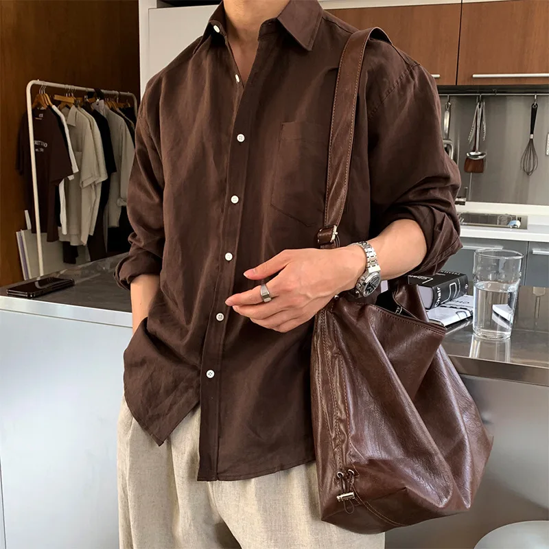

Cotton and Linen Long-sleeved Shirt Men's Spring and Autumn Handsome and Versatile Solid Color Coat Brown Shirt