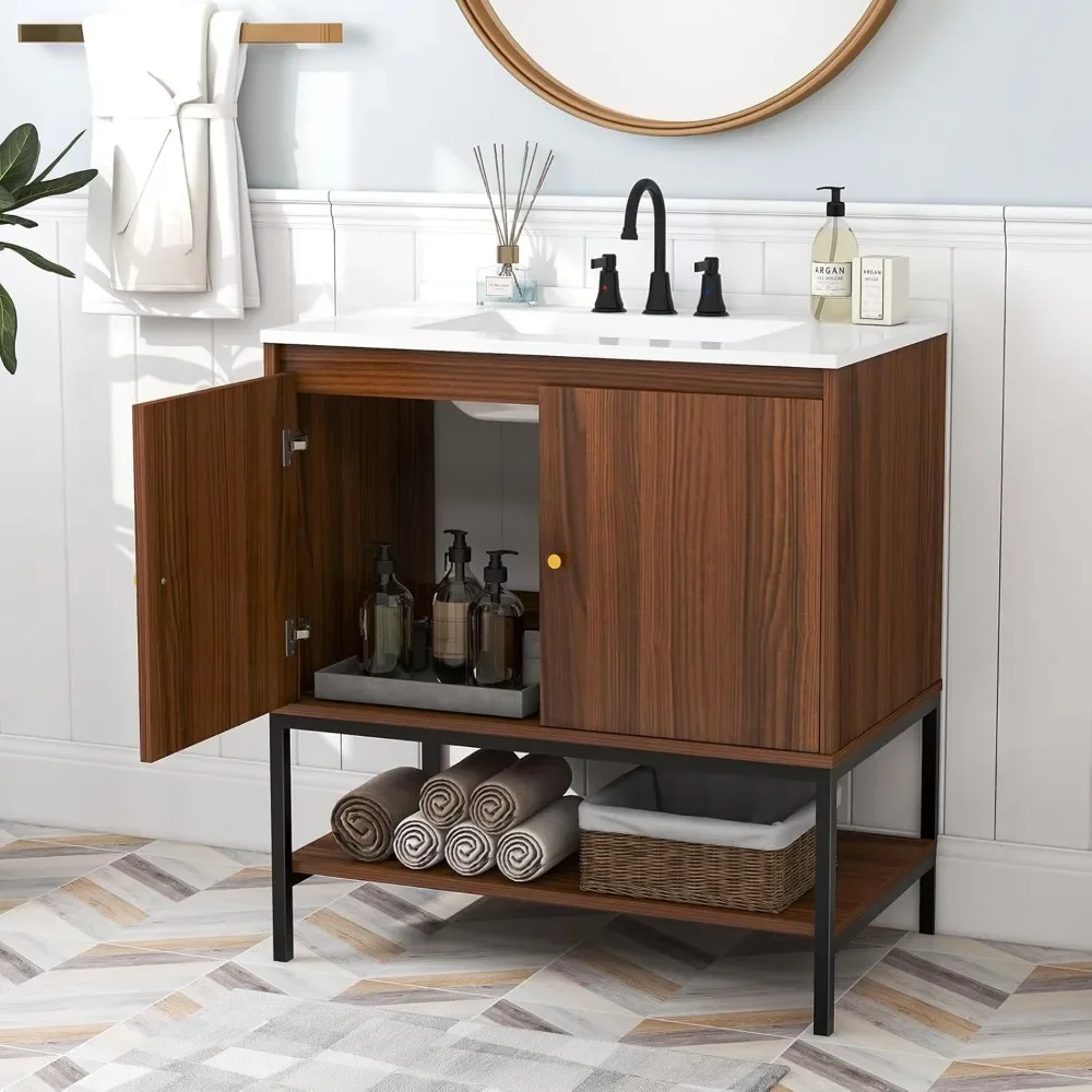 Bathroom Vanity with Sink Combo ,Bathroom Cabinet with Doors, Open Shelf, Sink, Backsplash, Stainless Faucet, Up Drain