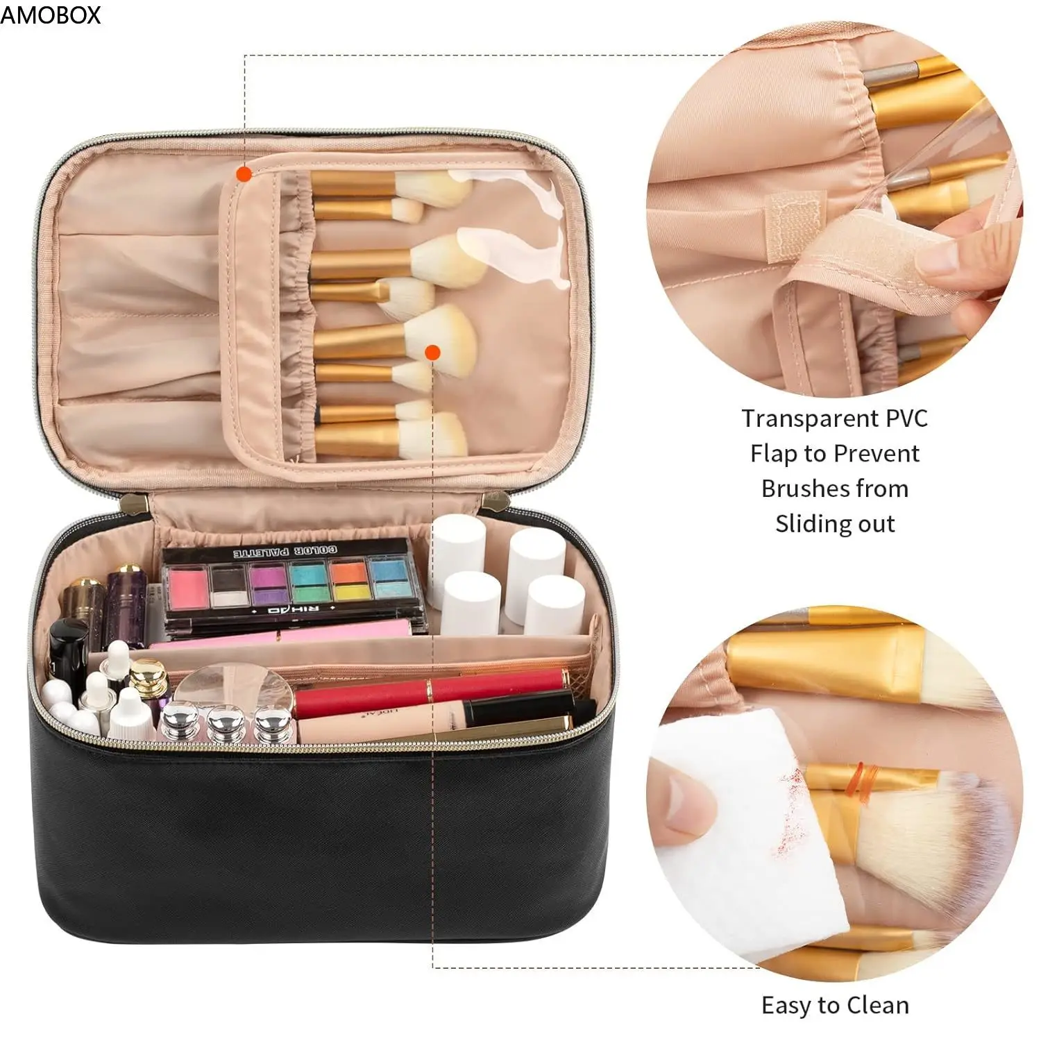 AMOBOX-Portable Makeup Bag with Handle and Divider, Travel Case, Toiletry Organizer, Large Capacity