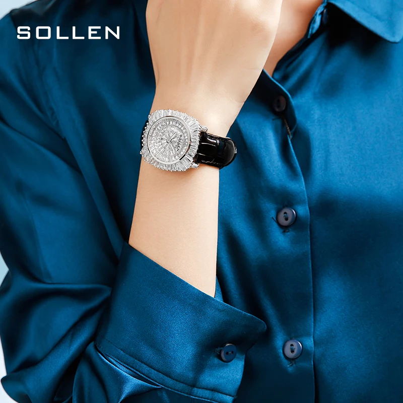 New Switzerland SOLLEN Luxury Brand Japan MIYOTA 203A Quartz Women\'s Watches Fashion Full Diamond Waterproof Leather Clock SL435